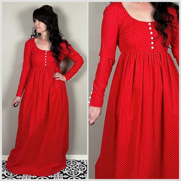 Vintage Dresses & Skirts - Vintage 1970s Red & White Polka Dot Long Sleeve A-Line Maxi Prairie Dress